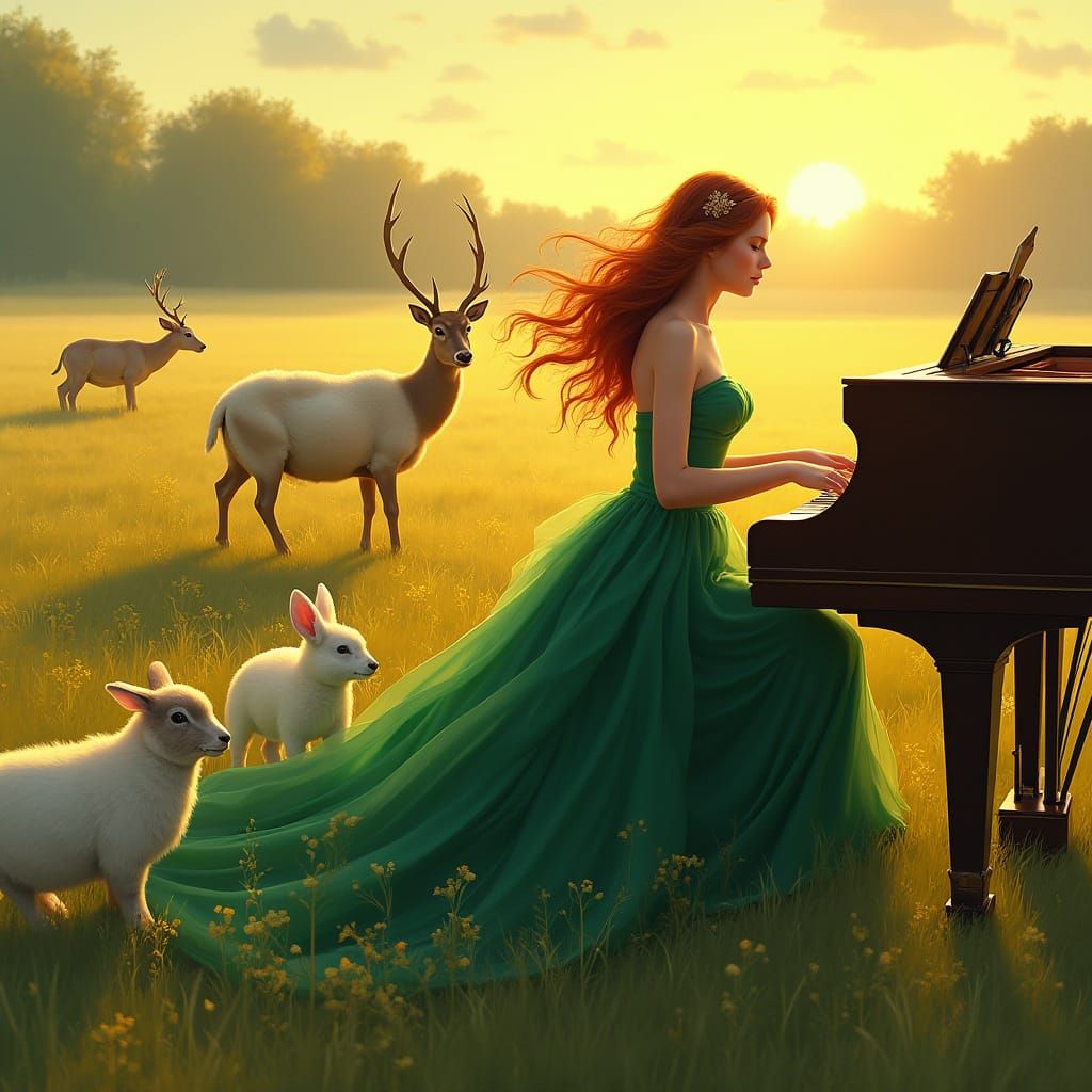 Pianist and Animals in Sun-Drenched Field, Romantic Impressi...