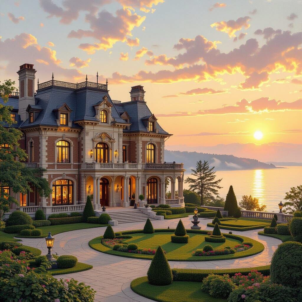 Gilded Age Estate at Golden Hour Sunset in Oil Painting Styl...
