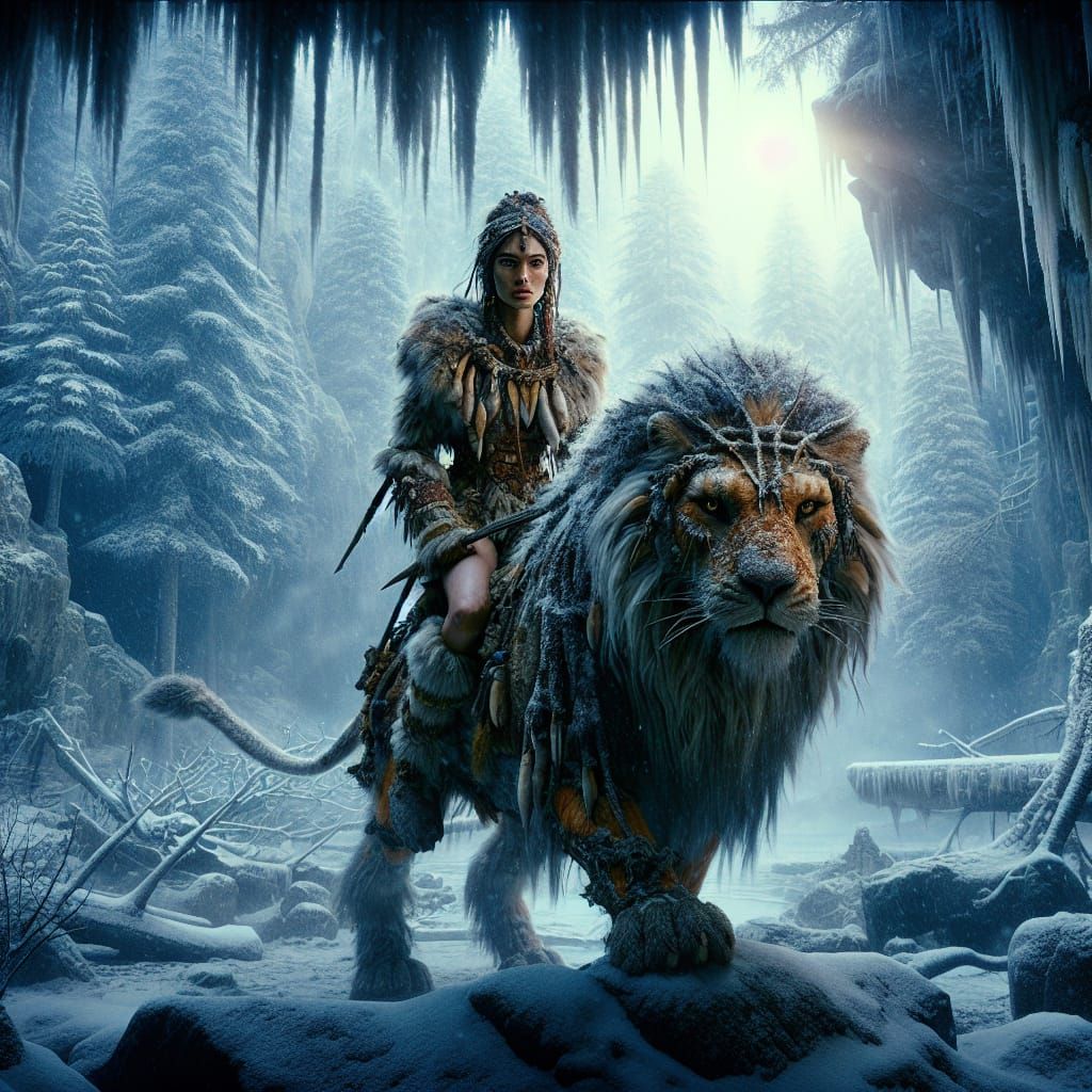 Hunter Woman Rides Cave Lion in Winter Forest