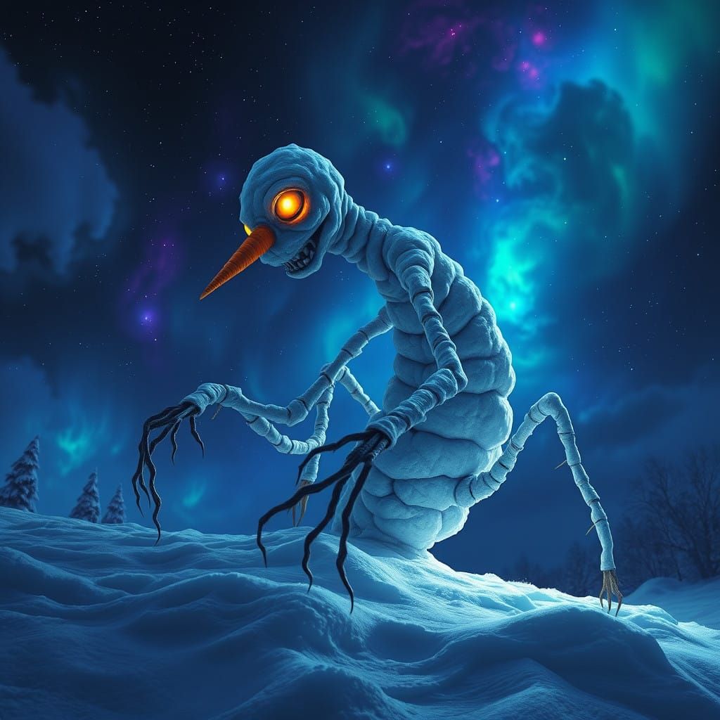 Ethereal Snowman Crawls Under Starry Night Sky in Cosmic Hor...