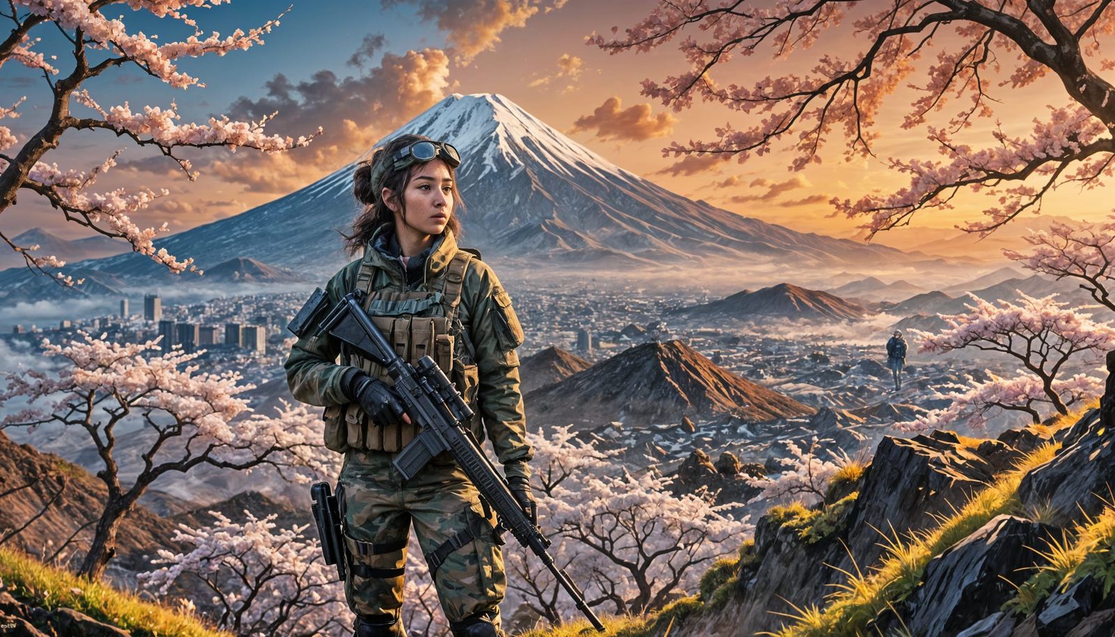 Young Lady Warrior on Mount Fuji in Commando Gear