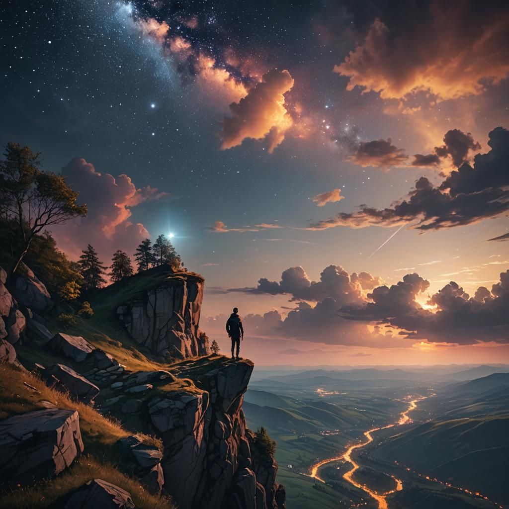 Man on Cliff Gazing at Magical Glowing Sky