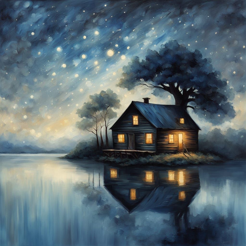 Tranquil Cabin Beside Giant Tree on Island at Night