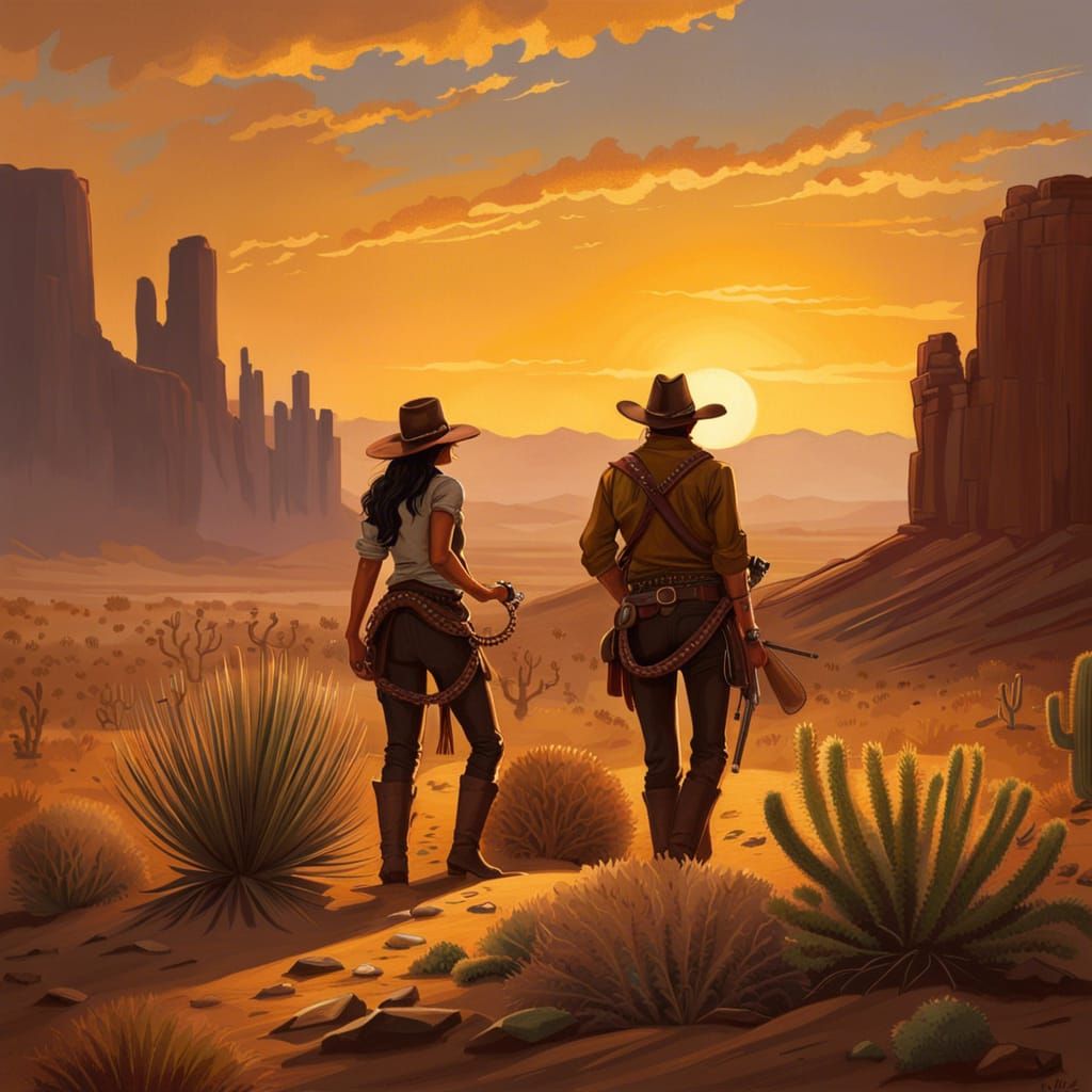 Cowboy Cowgirl Duel at Sunset: Wild West Art
