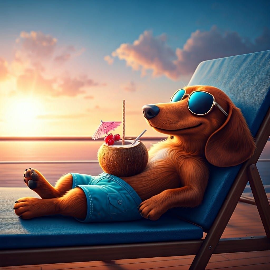 Dachshund on Cruise Ship Deck at Sunset