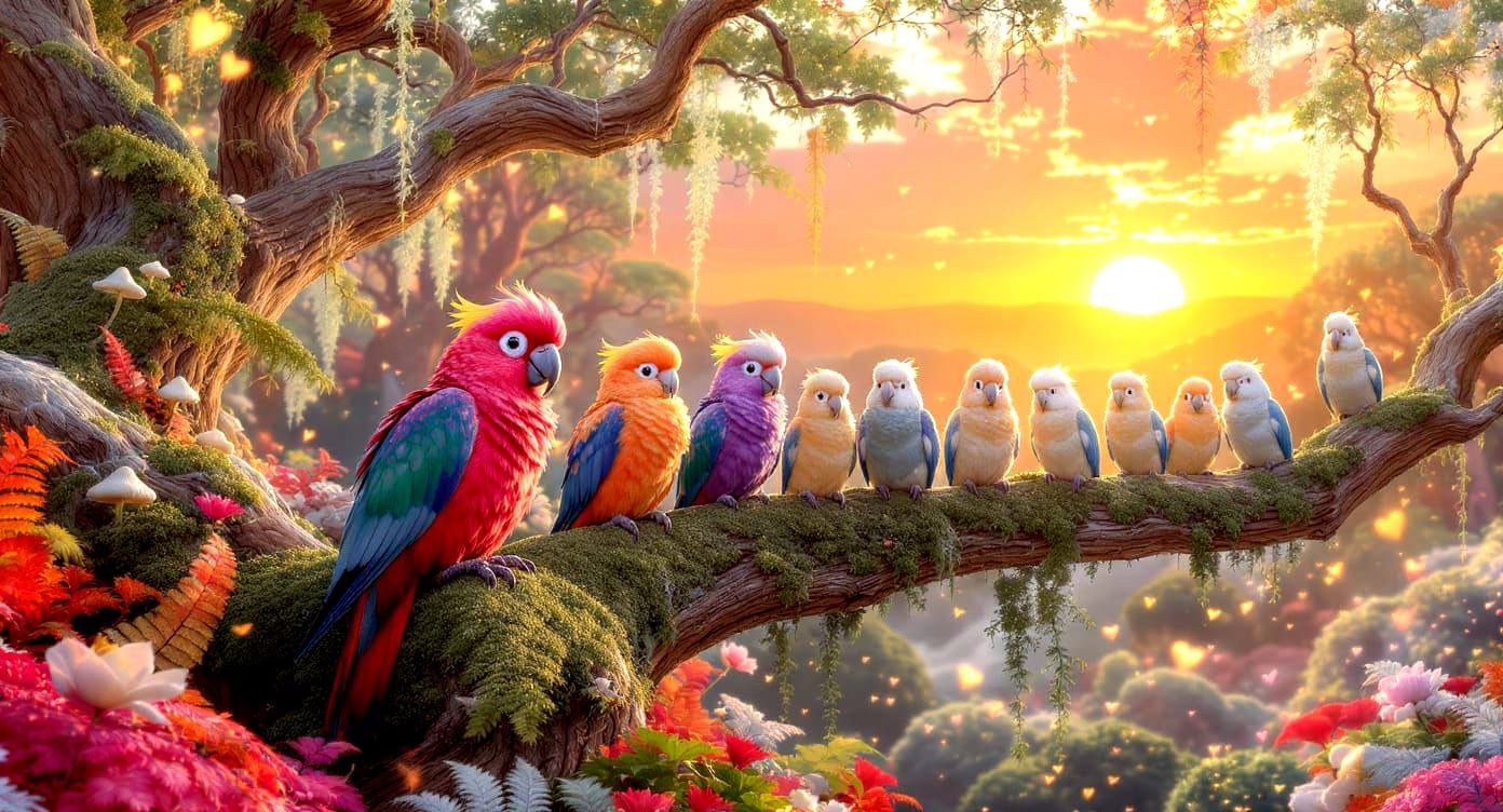 Charming Cockatoos in a Fantasized Forest Landscape