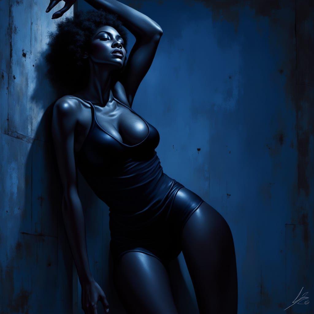 Black Woman in Sultry Pose, Bathed in Blue Light