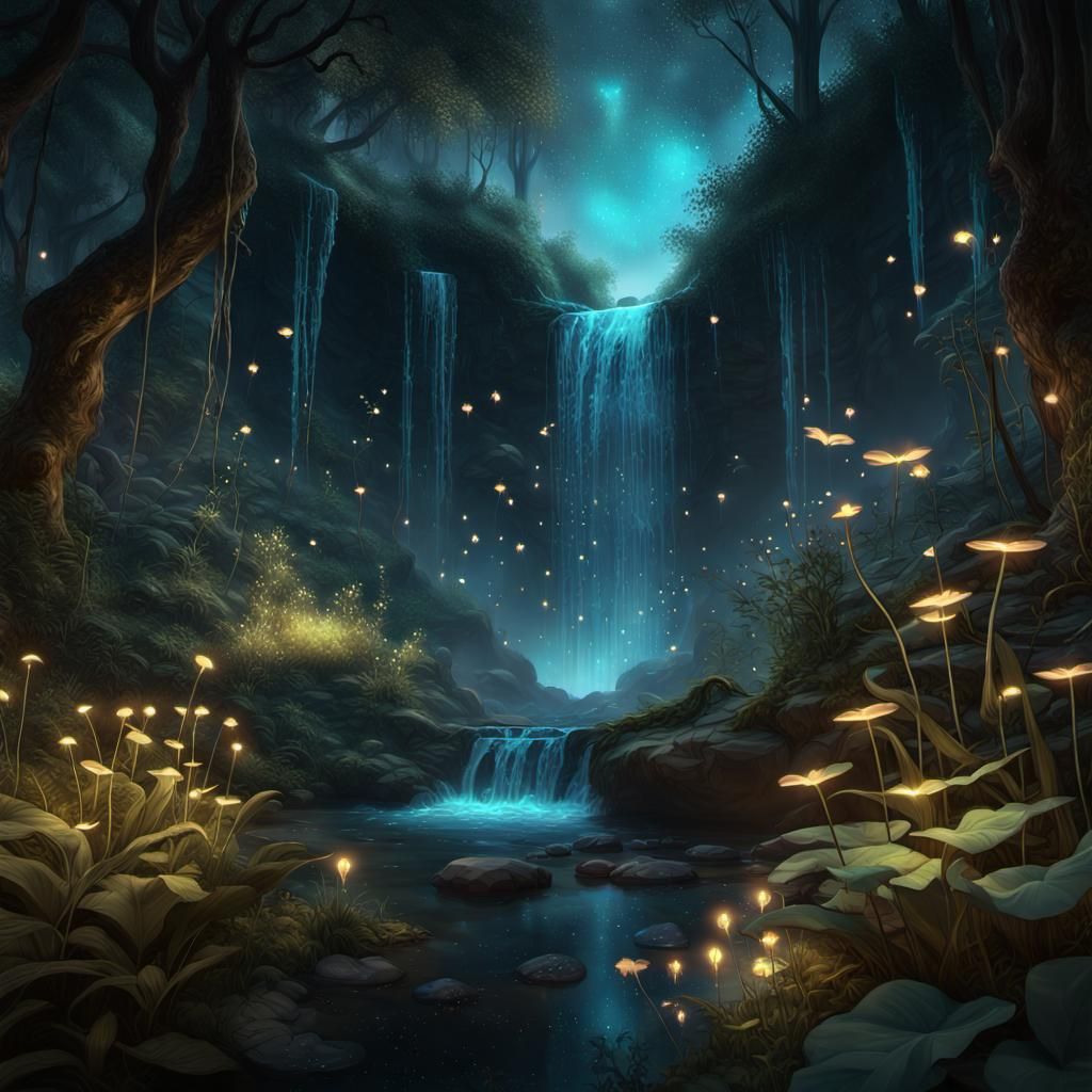 Mysterious Bioluminescent Forest at Night