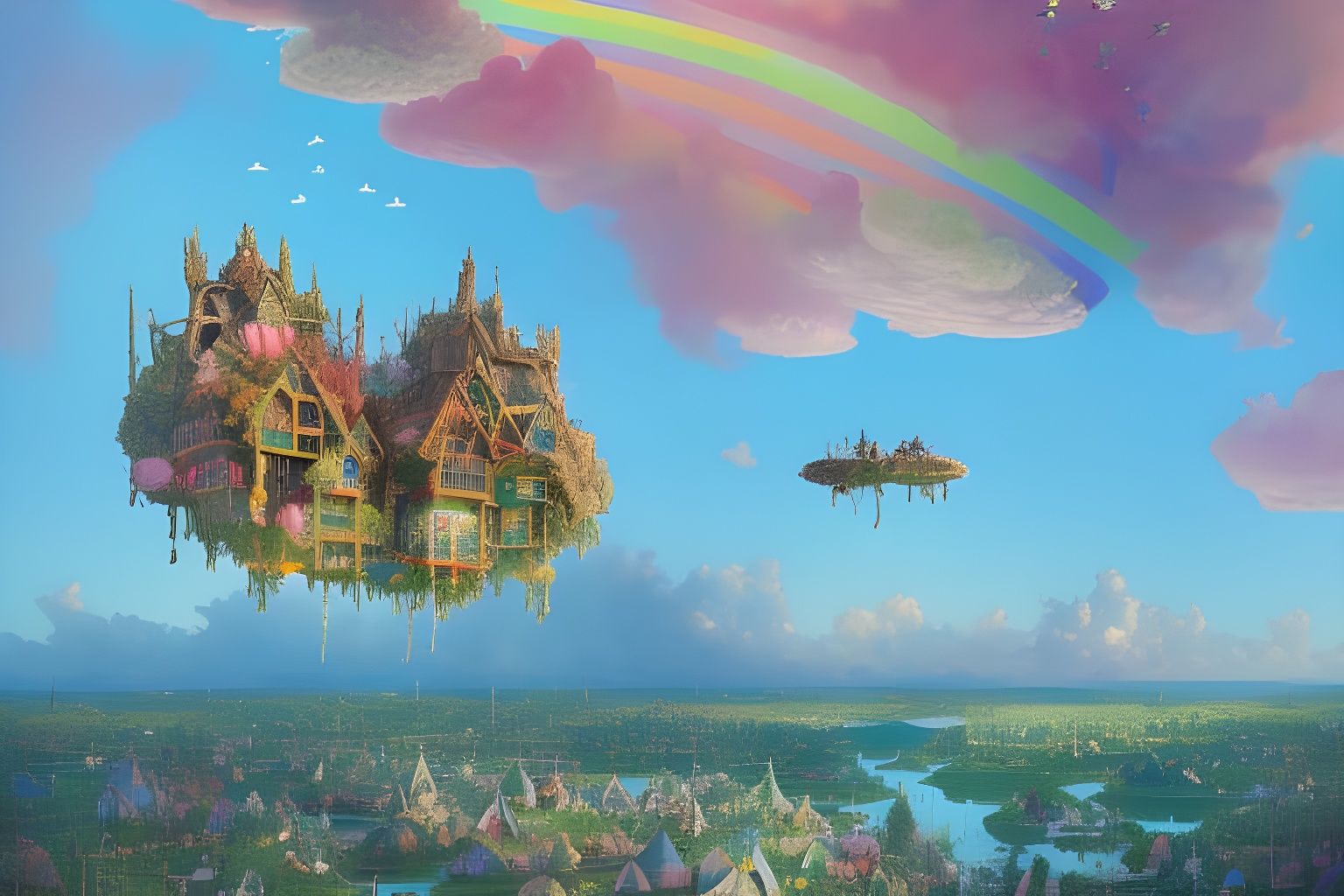 Floating Hobbit Village with Rainbow Fireworks
