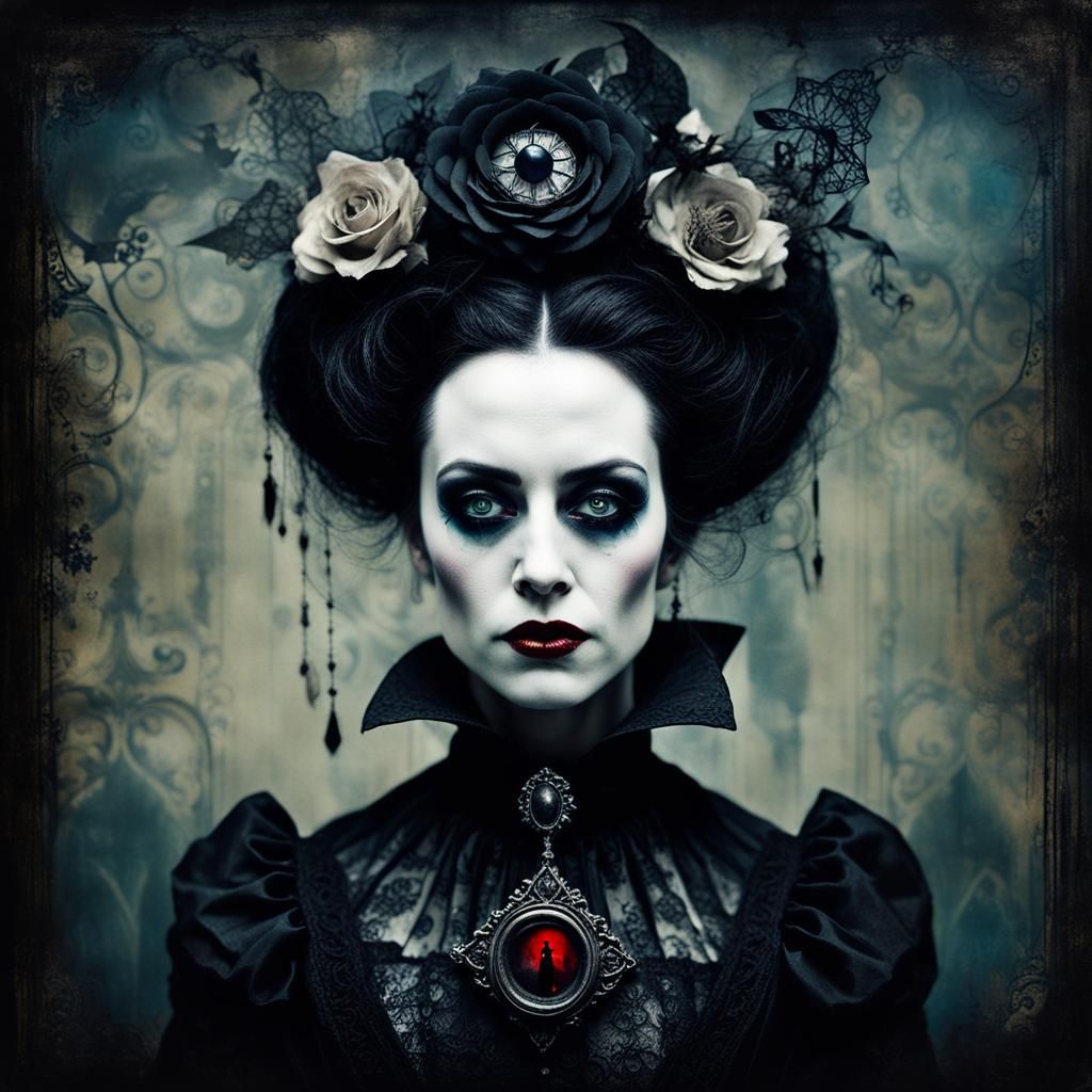 Victorian Goth Vampire Portrait in Mixed Media Style