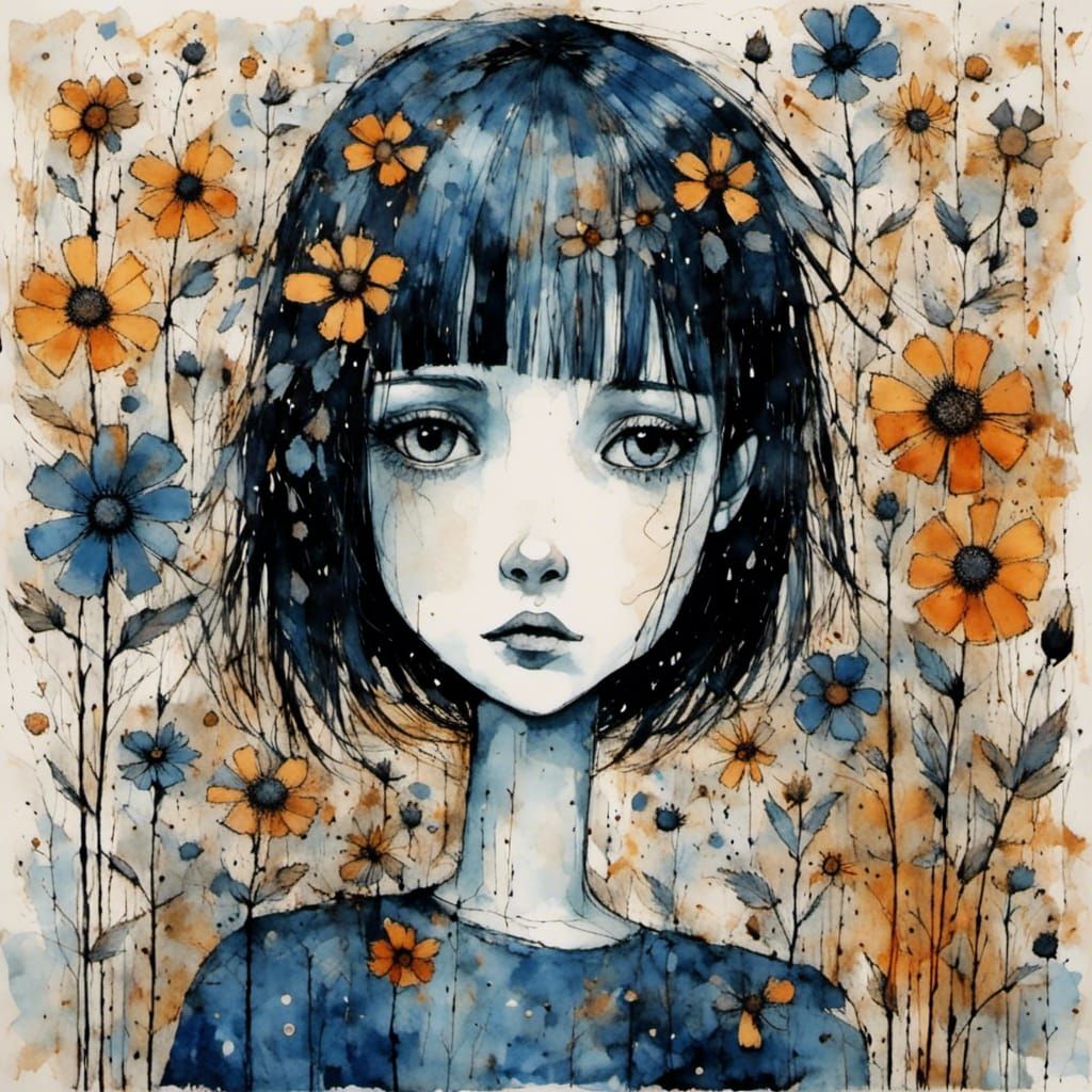 Girl in Art Brut Style Digital Image