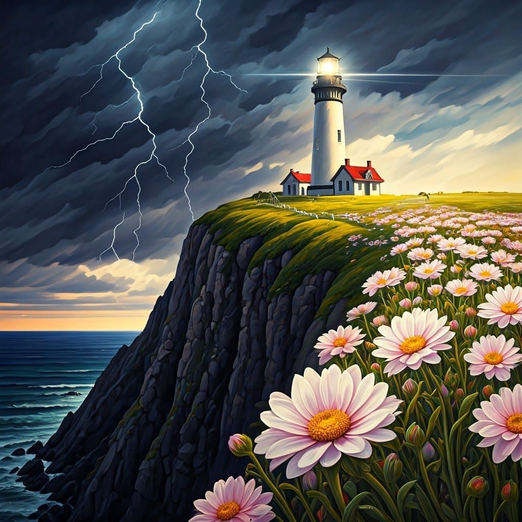Lighthouse on Flowering Cliff in Tachisme Style