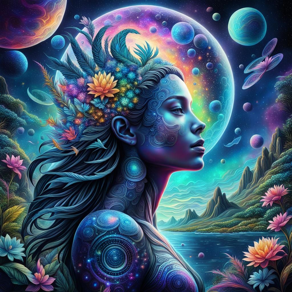 Holographic Astral Paradise Illustration in Mixed Media