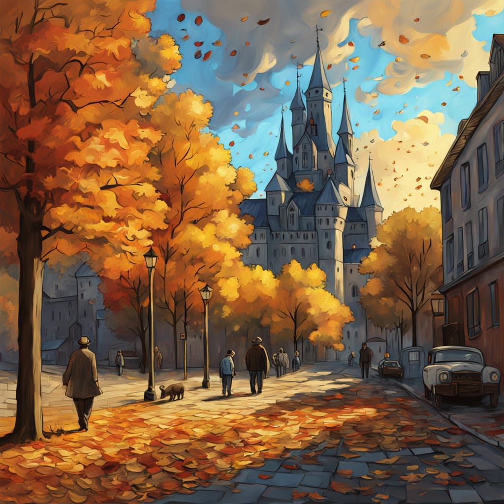 Autumn Street Art with Falling Leaves and Golden Hour Light