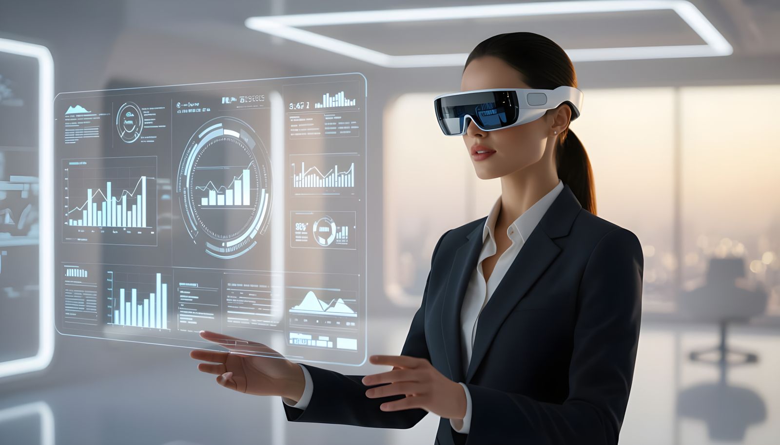 Futuristic Office: Woman Uses AR Glasses with Holographic Ch...