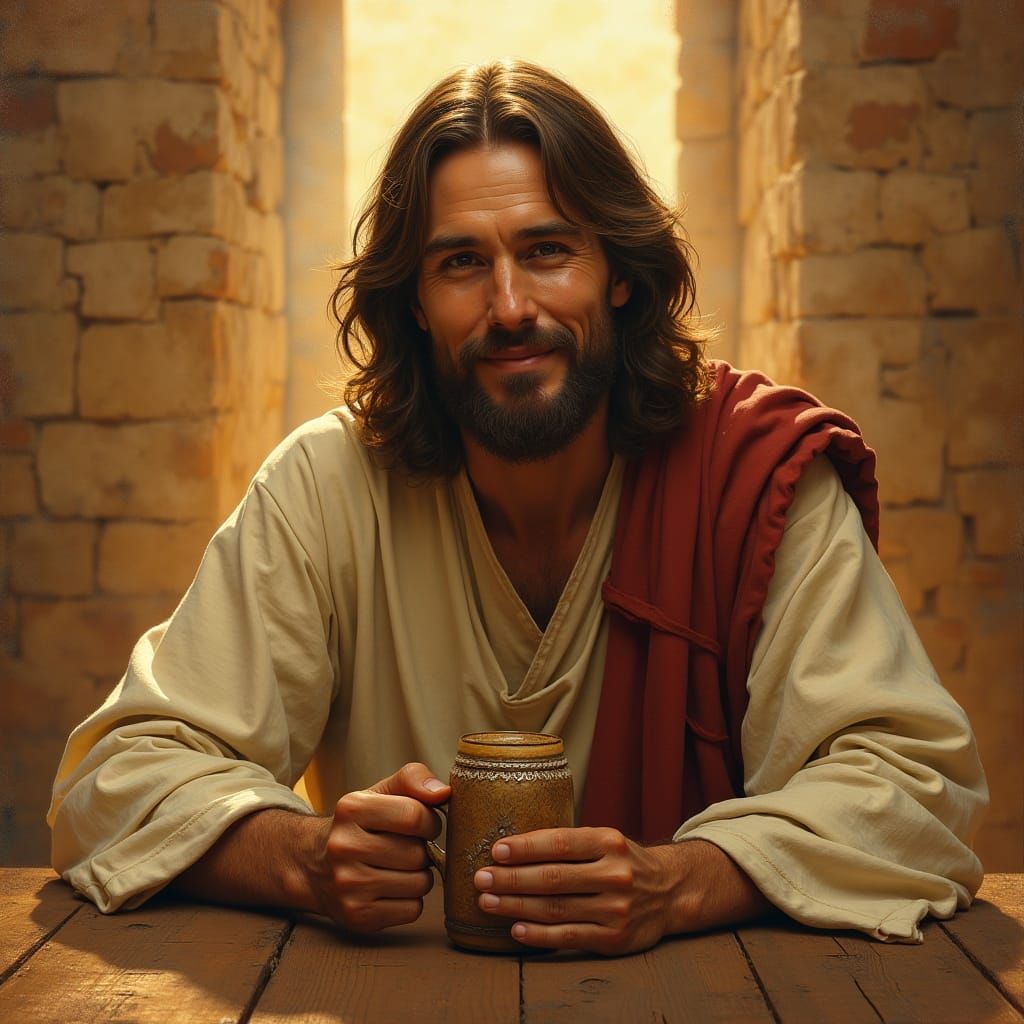 Jesus Christ in Serene Heineken-Inspired Landscape