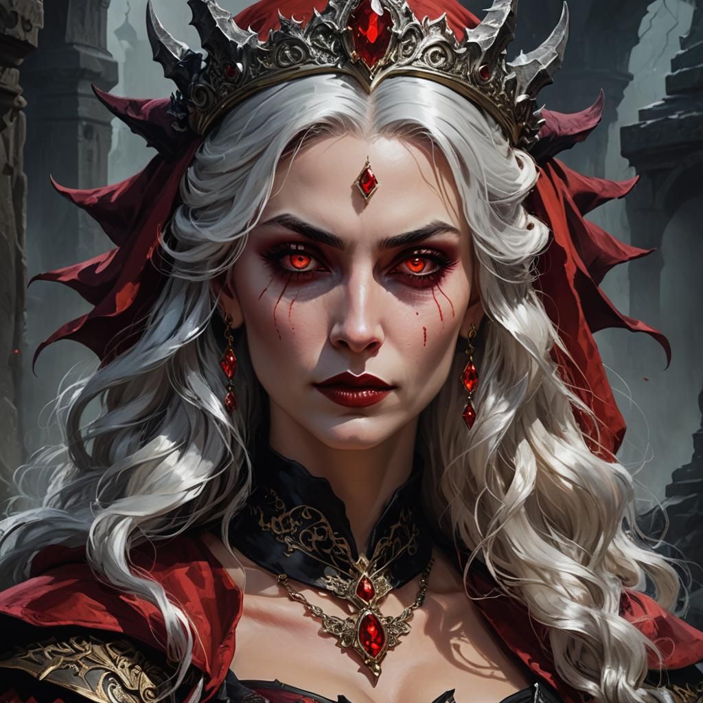 Close-up D&D portrait of a vampire queen, younger female human, the Countess from Diablo, very attractive, blood-red eye...
