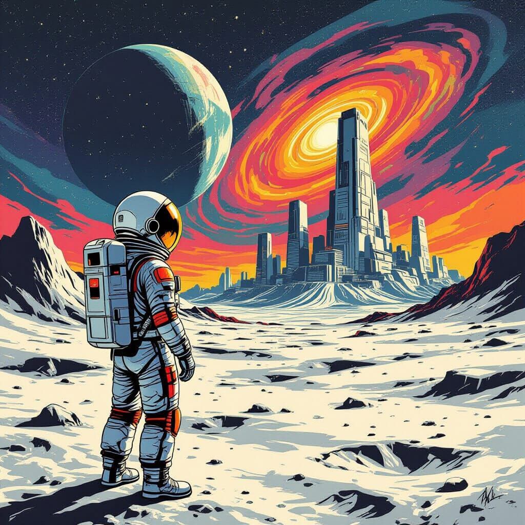 Astronaut on Moon Before Alien City in Pop Art Style