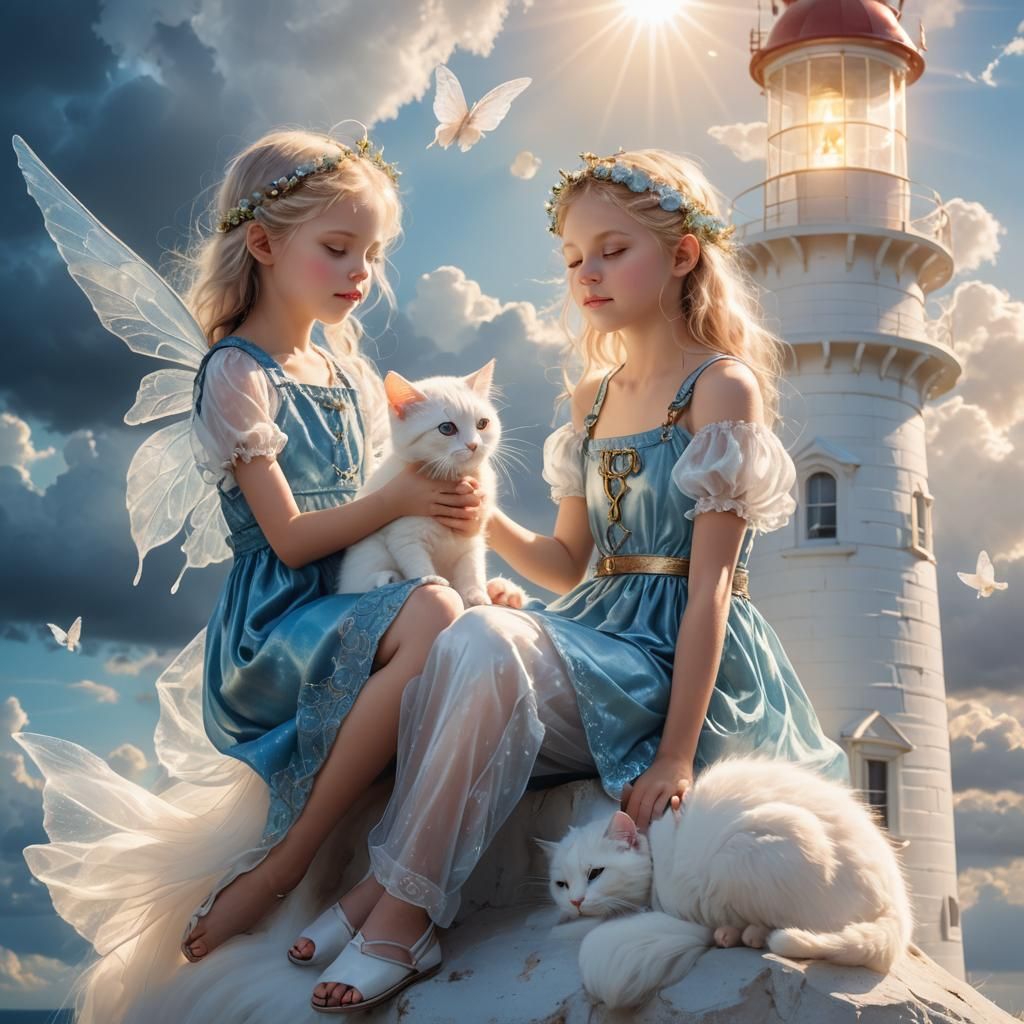 Ethereal Fairy Child with Cat on Lighthouse