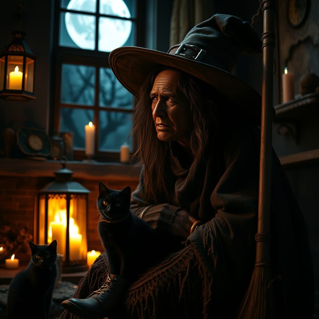 Angry Witch in Lantern Lit Room with Black Cat