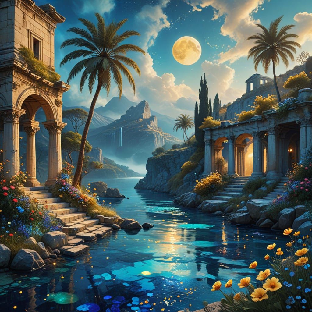 Blue River Through Greek Ruins in Whimsical Style