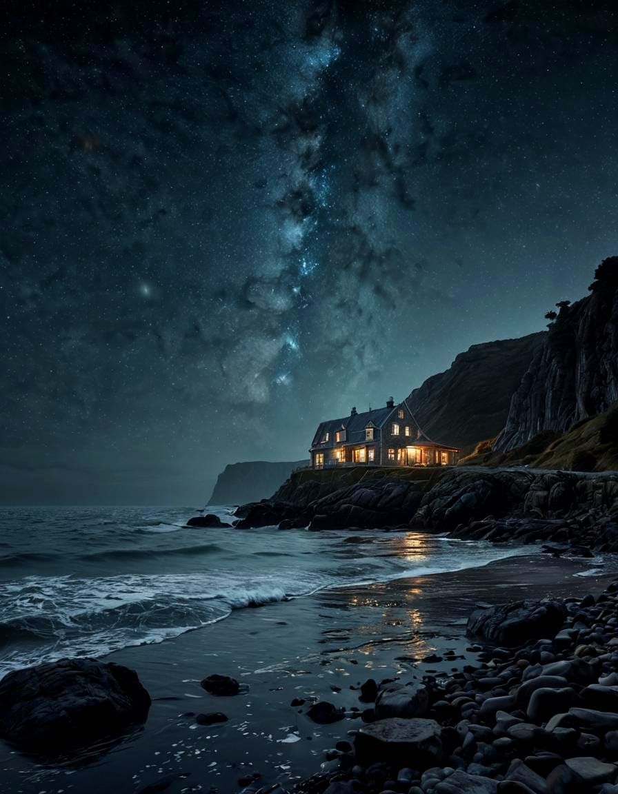 Dramatic Night Seascape with Starry Galaxy