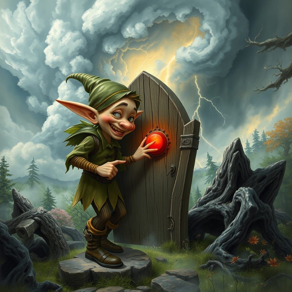 The mischievous elf unleashes a storm in the forest by press...