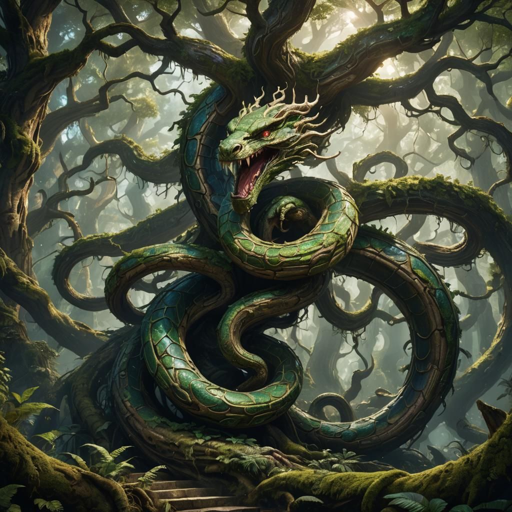 Enchanted Forest Guardian: A Colossal Tree Serpent