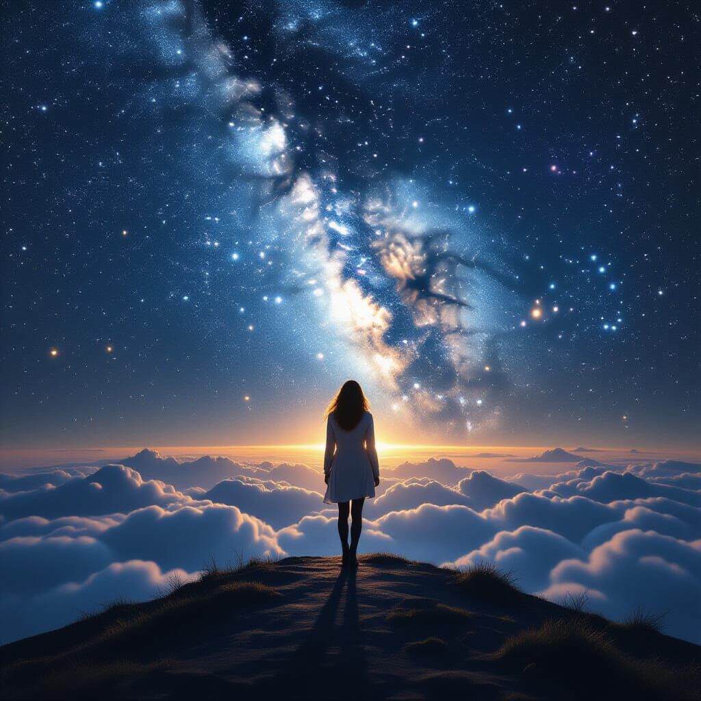 Woman Bridging Earth and Cosmic Starlight