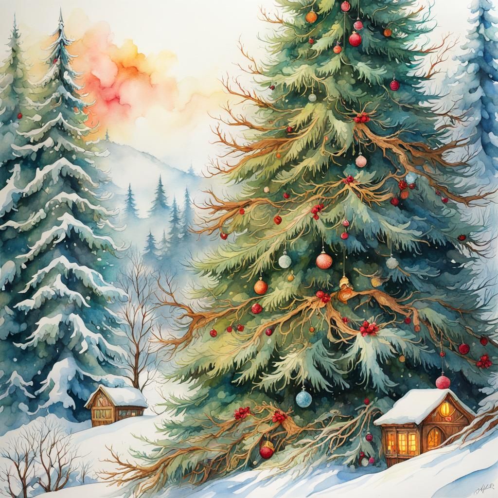 Flamboyant Christmas Tree in Winter Town, Watercolor Style