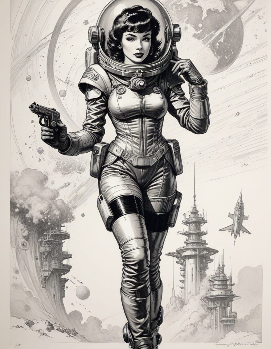 Retro-Futuristic Pinup Spacesuit in Black and White Line Art