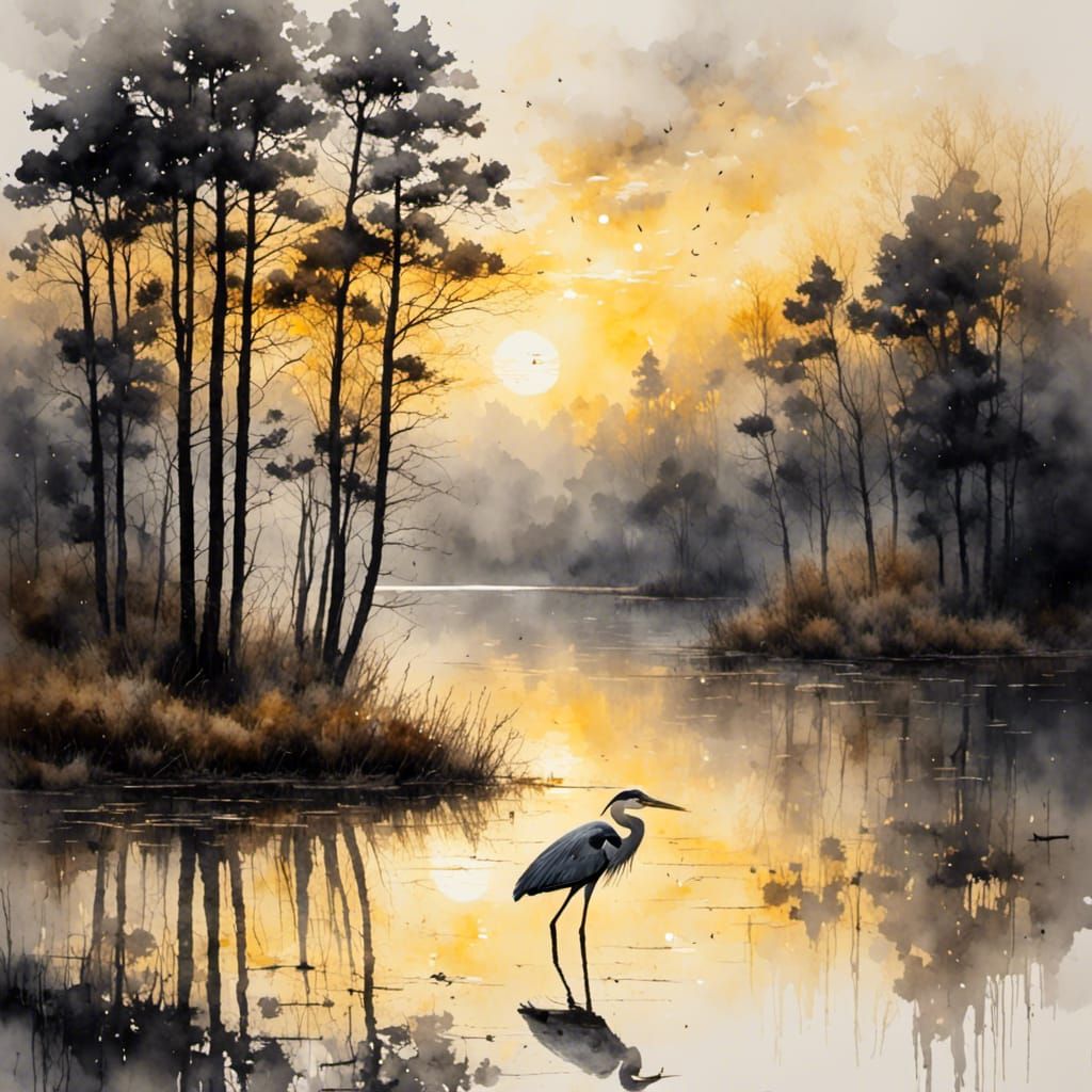 Dawn Lake with Heron in Antique Watercolor Style
