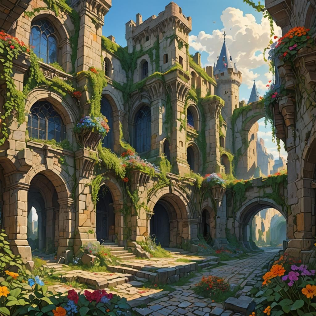 Castle Ruins Reclaimed by Nature, Mixed Media Art