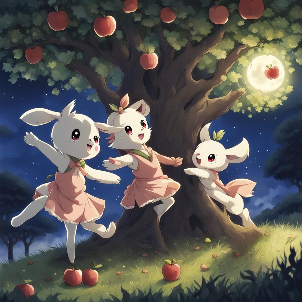 Anthropomorphic Apple Tree Dancing in Anime Style