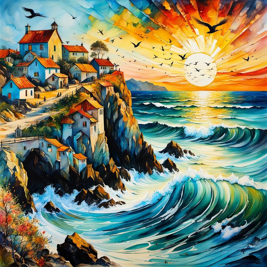 Coastal Village Sunset in Encaustic Style
