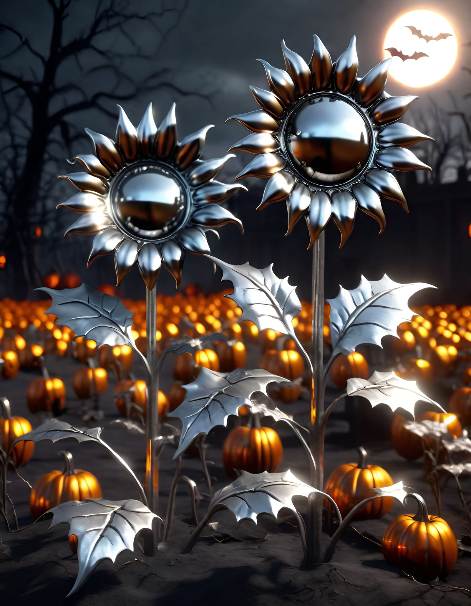 Metallic Sunflowers in Haunted Halloween Landscape