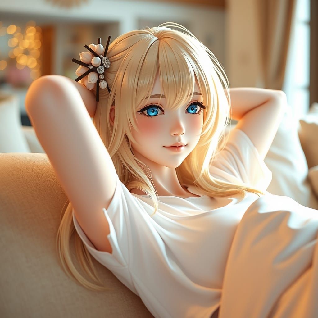 Enchanting Watercolor Portrait of Yae Miko in Cozy Living Ro...