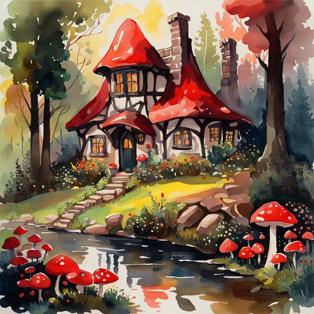 Gothic Fairytale Cottage with Towering Forest, Watercolor