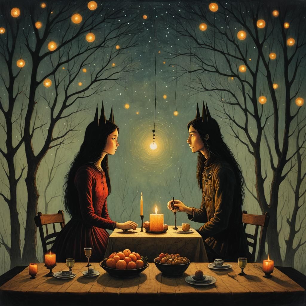 Intimate Candlelight Dinner in Lowbrow Art Style