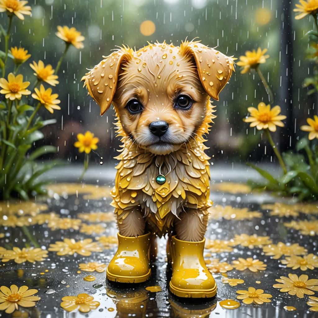 Adorable Chibi Puppy in Rainy, Magical Setting
