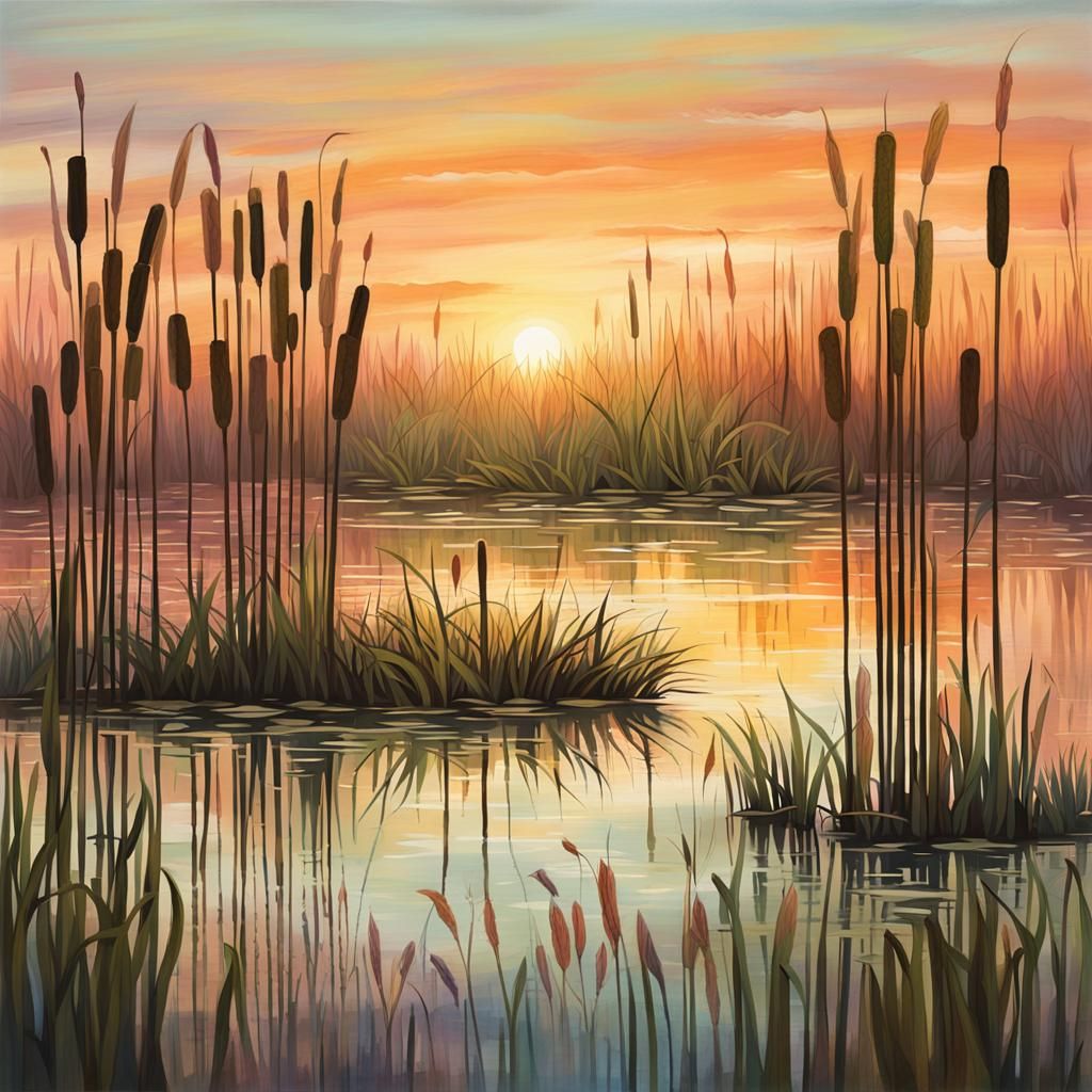 light earthy color palette : abstract wetlands background : sunset : backlit cattails and water lilies : impressionistic...