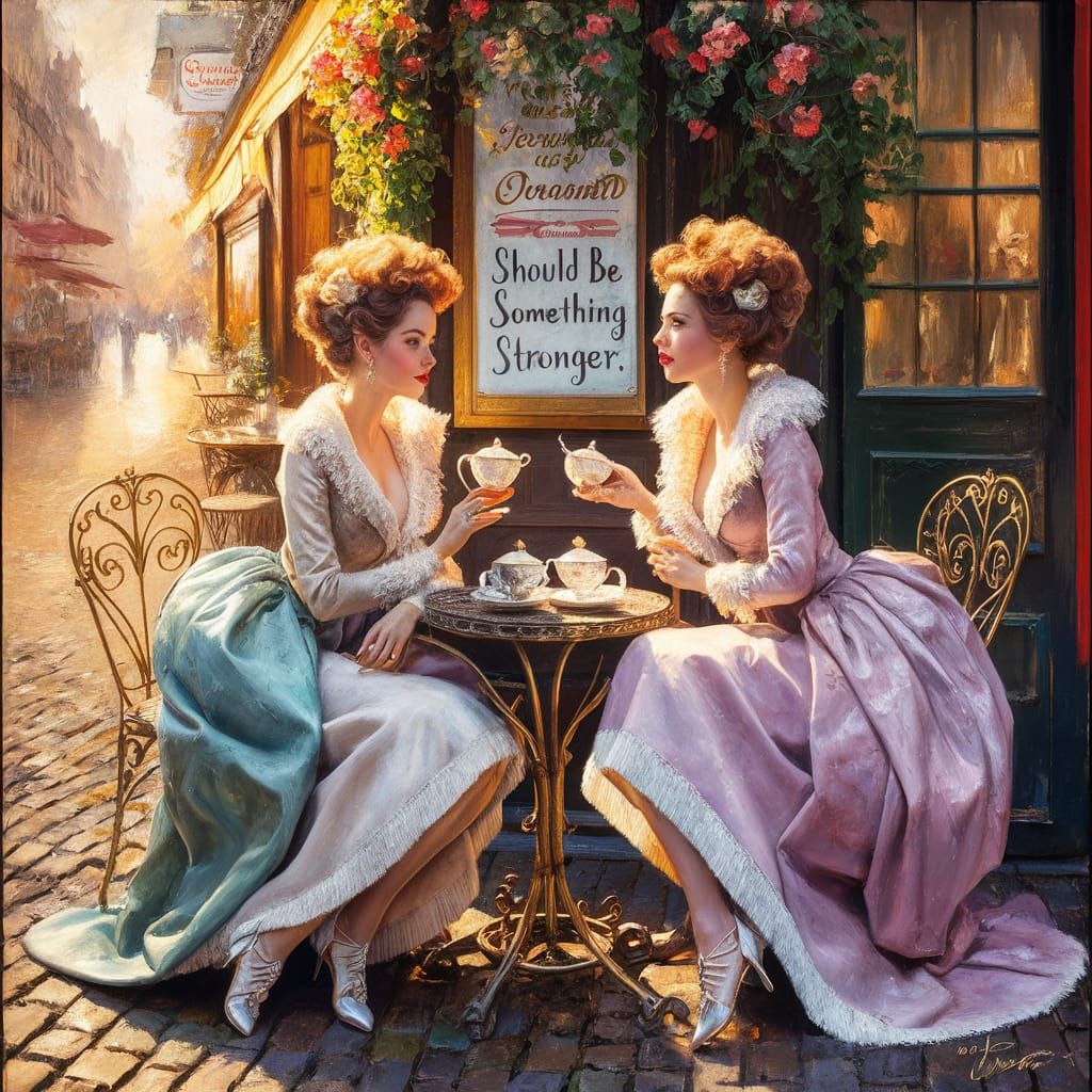Elegant Women Share Tea in Quaint Cafe Painting