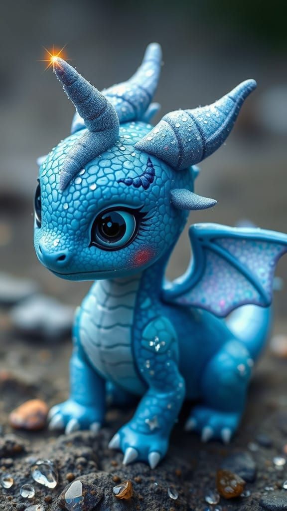 Lunaria, the Radiant Blue Baby Dragon with Unicorn Horn