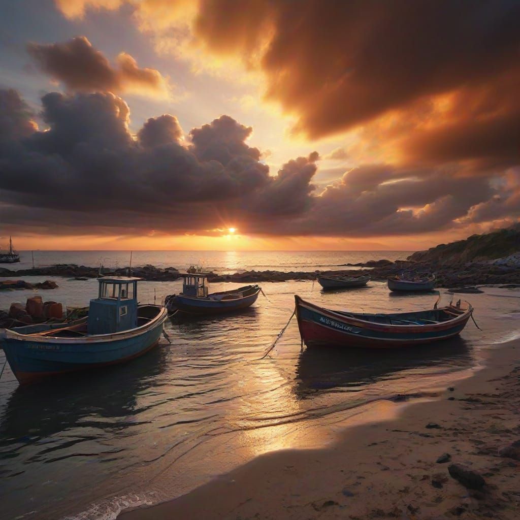Coastal Sunrise: Fishing Boats Return in Golden Light