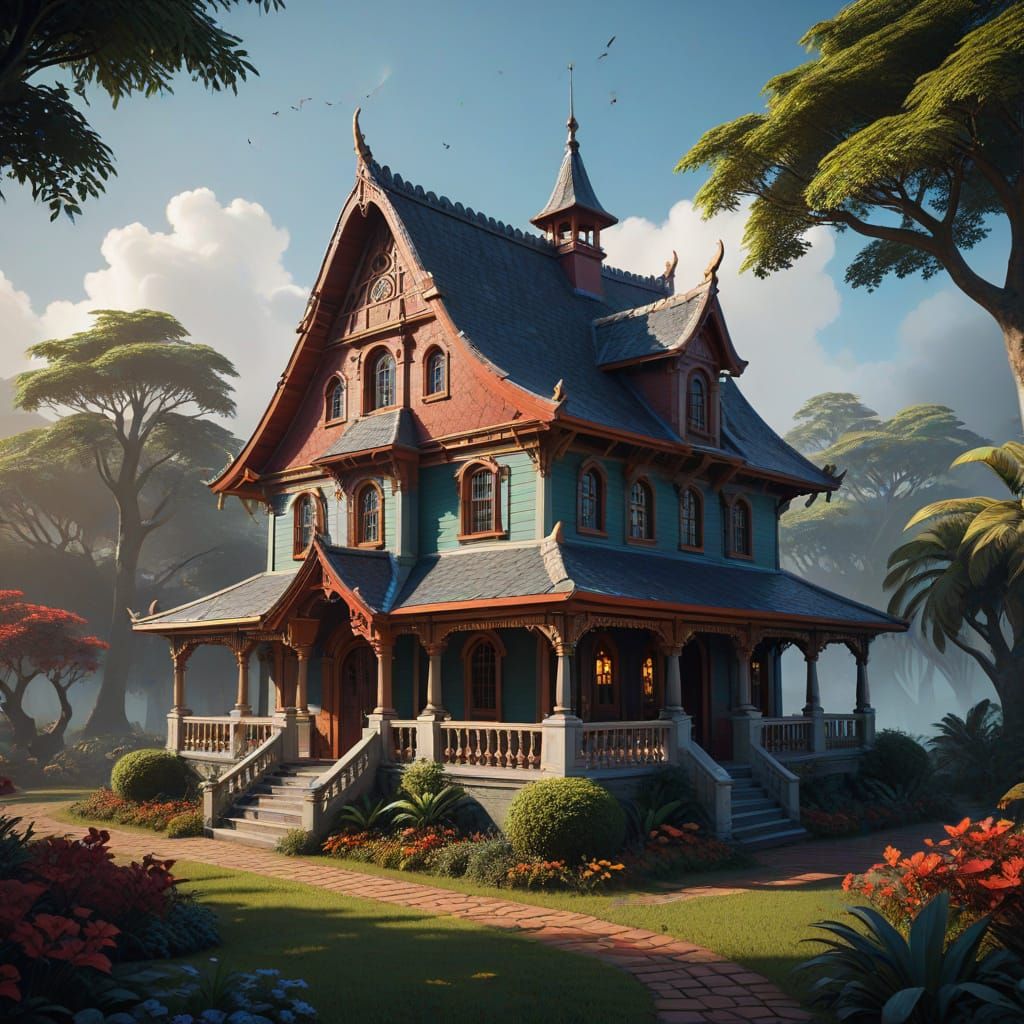 Dutch Colonial Birdhouse in Tropical Garden