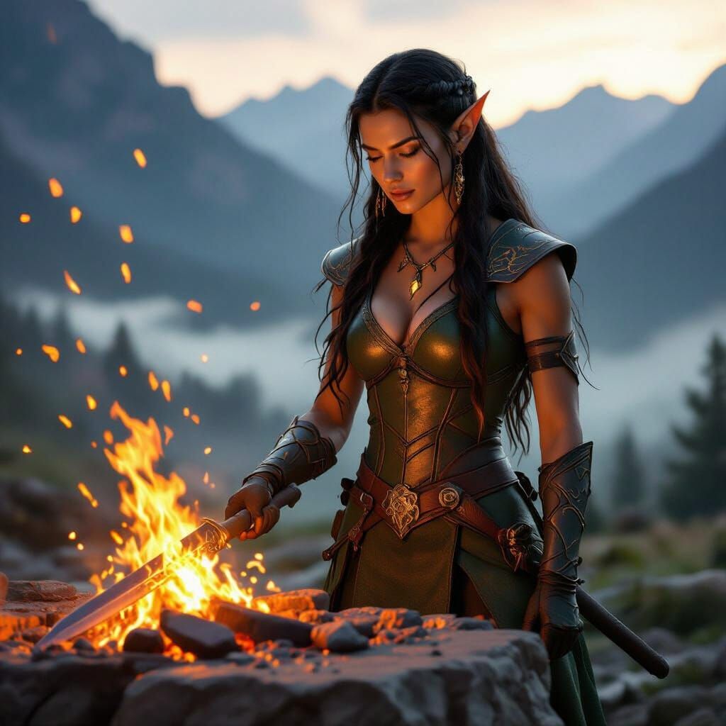 Elf Blacksmith Forging Sword in Mountain Valley at Dawn
