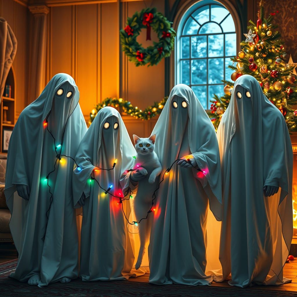 Spectral Family's Whimsical Christmas Portrait in Golden Lig...