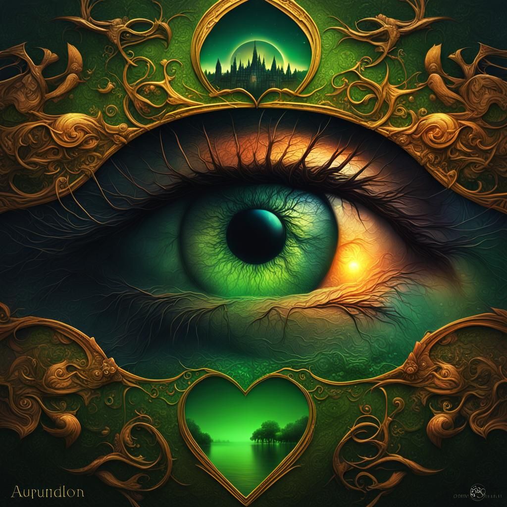 Green Heart-Shaped Eye with Sunset Background