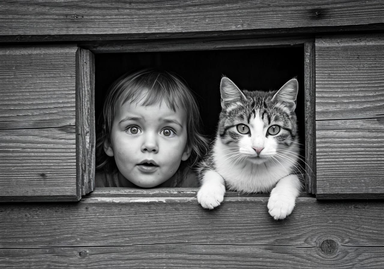 A Child and Cat Peer Through a Weathered Wooden Structure in...