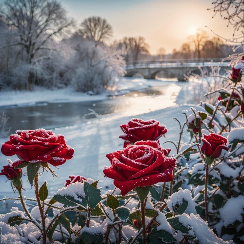 Icy Flower Garden with Frozen River